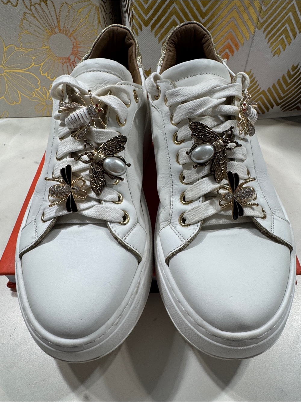 Michelle Lopiore White Leather Platform Sneakers with Gold Glitter Heel ( Italy)